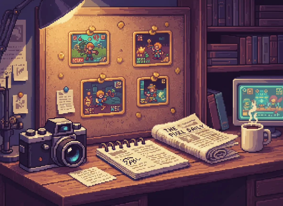 AI-generated pixel art illustration of a press desk with a camera, notepad and pinned RPG screenshots