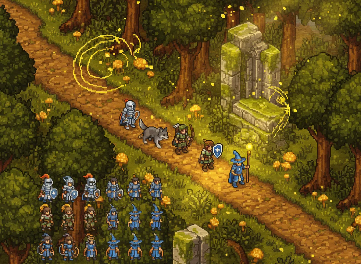AI-generated pixel art illustration of adventurers in a 2.5D RPG world