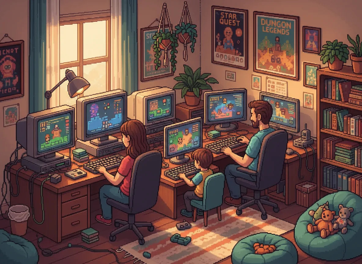 AI-generated pixel art illustration of our family-run studio at work