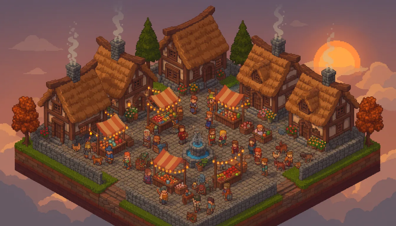 AI-generated pixel art illustration of a cozy 2.5D RPG village at dusk